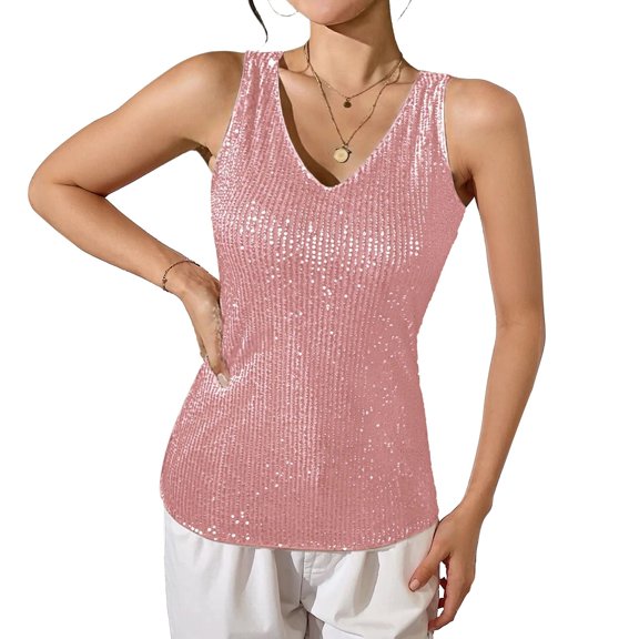 WTOBBY Women Sexy Sequin Tank Tops Spring Summer Fashion Sparkly Sleeveless Shirts Party Glitter Scoop Neck Tops, Perfect for Going Out or Special Events, Glamorous and Eye-Catching,Pink M