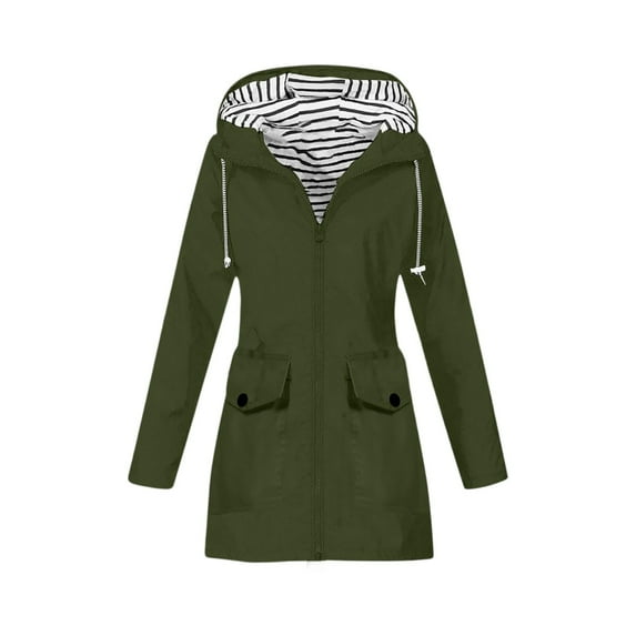 WTOBBY Women Solid Stripe Mid-Length Waterproof Sun Protective Outdoor Sports Rain Jacket, Windproof Hooded for Casual and Active Use,Army Green L