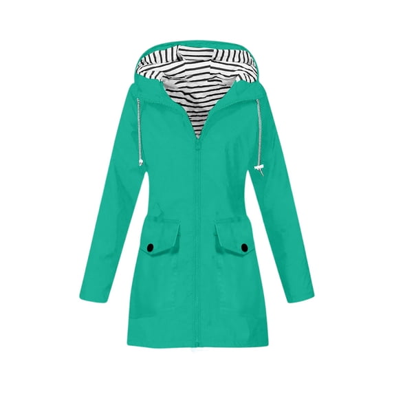 WTOBBY Women Solid Stripe Mid-Length Waterproof Sun Protective Outdoor Sports Rain Jacket, Windproof Hooded for Casual and Active Use,Green S