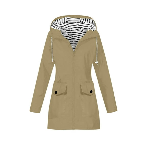 WTOBBY Women Solid Stripe Mid-Length Waterproof Sun Protective Outdoor Sports Rain Jacket, Windproof Hooded for Casual and Active Use,Khaki XL