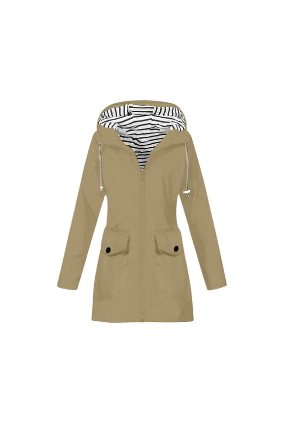 Women Solid Stripe Mid-Length Waterproof Sun Protective Outdoor Sports Rain Jacket, Windproof Hooded for Casual and Active Use,Khaki XL