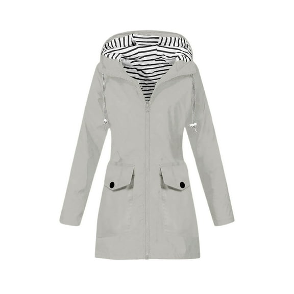 WTOBBY Women Solid Stripe Mid-Length Waterproof Sun Protective Outdoor Sports Rain Jacket, Windproof Hooded for Casual and Active Use,Light Gray 2XL