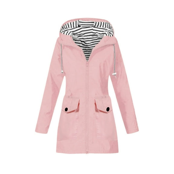 WTOBBY Women Solid Stripe Mid-Length Waterproof Sun Protective Outdoor Sports Rain Jacket, Windproof Hooded for Casual and Active Use,Pink L