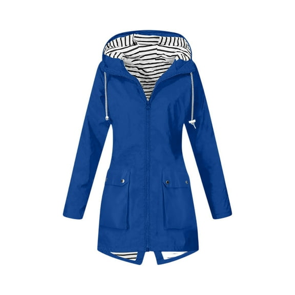 WTOBBY Women Solid Stripe Mid-Length Waterproof Sun Protective Outdoor Sports Rain Jacket with Single Zipper, Windproof Hooded Design,Blue S