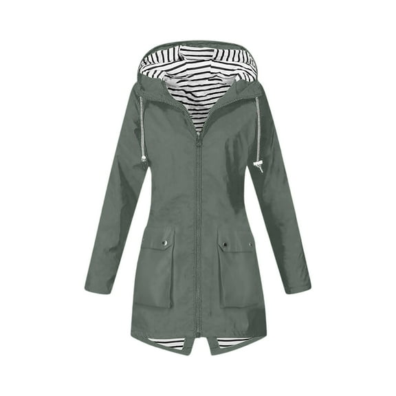 WTOBBY Women Solid Stripe Mid-Length Waterproof Sun Protective Outdoor Sports Rain Jacket with Single Zipper, Windproof Hooded Design,Dark Gray XL