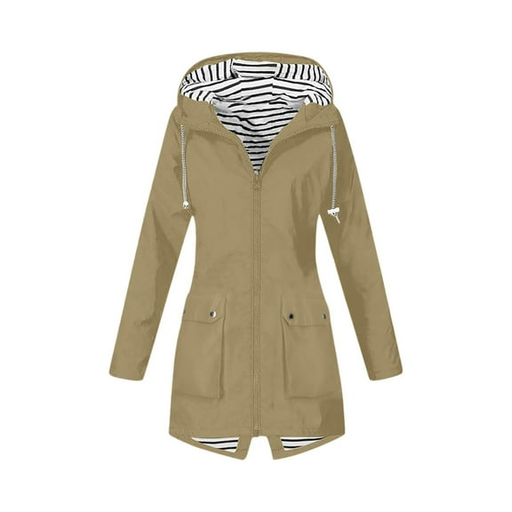 WTOBBY Women Solid Stripe Mid-Length Waterproof Sun Protective Outdoor Sports Rain Jacket with Single Zipper, Windproof Hooded Design,Khaki S