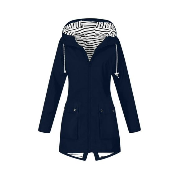 WTOBBY Women Solid Stripe Mid-Length Waterproof Sun Protective Outdoor Sports Rain Jacket with Single Zipper, Windproof Hooded Design,Navy M