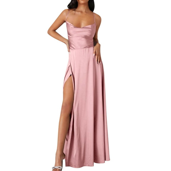 WTOBBY Women Summer Backless Long Satin Dress Cowl Neck Cross Spaghetti Strap Party Gown for Formal Evening Events and Special Occasions,Light pink XL