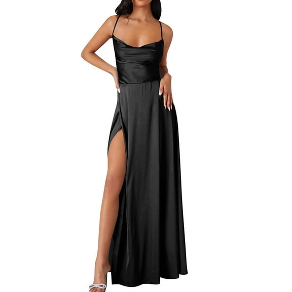 WTOBBY Women Summer Backless Long Satin Dress Cowl Neck Cross Spaghetti Strap Party Gown for Formal Evening Events and Special Occasions,Black L