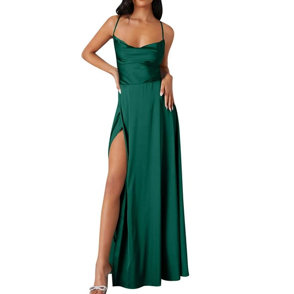WTOBBY Women Summer Backless Long Satin Dress Cowl Neck Cross Spaghetti Strap Party Gown for Formal Evening Events and Special Occasions,Green L