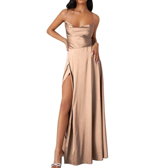 WTOBBY Women Summer Backless Long Satin Dress Cowl Neck Cross Spaghetti Strap Party Gown for Formal Evening Events and Special Occasions,Khaki L