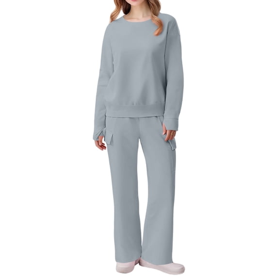 WTOBBY Women's 2 Piece Casual Round Neck Sportswear Set with Multi-Pocket Wide Leg Athletic Pants, Loose Fit Tracksuit Outfit for Women,Light Gray 2XL