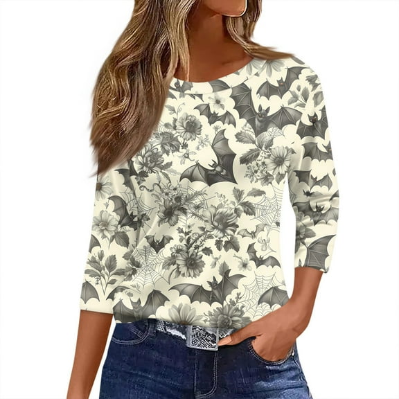 WTOBBY Women's 3/4 Sleeve Bat and Pumpkin Print Round Neck Casual T-Shirt Top Halloween Themed Fashion Tee for Autumn Holiday Celebration,Light Gray 3XL