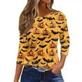 thumbnail image 1 of WTOBBY Women's 3/4 Sleeve Bat and Pumpkin Print Round Neck Casual T-Shirt Top Halloween Themed Fashion Tee for Autumn Holiday Celebration,Ginger L, 1 of 4