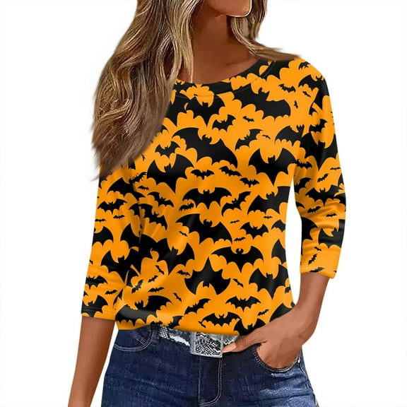WTOBBY Women's 3/4 Sleeve Bat and Pumpkin Print Round Neck Casual T-Shirt Top Halloween Themed Fashion Tee for Autumn Holiday Celebration,Orange 3XL