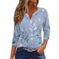 thumbnail image 1 of WTOBBY Women's 3/4 Sleeve Retro Floral Print V-Neck T-Shirt, Casual Button-Accented Blouse with Relaxed Fit for Spring Outings,Blue XL, 1 of 5