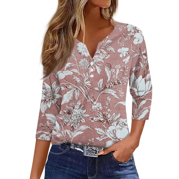 WTOBBY Women's 3/4 Sleeve Retro Floral Print V-Neck T-Shirt, Casual Button-Accented Blouse with Relaxed Fit for Spring Outings,Light pink 2XL