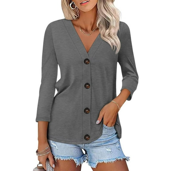 WTOBBY Women's 3/4 Sleeve Solid Color Button Down Casual Top, Fashion Shirt Blouse with Comfort Fit, Lightweight Fabric for Spring Summer Transition,Dark Gray 2XL