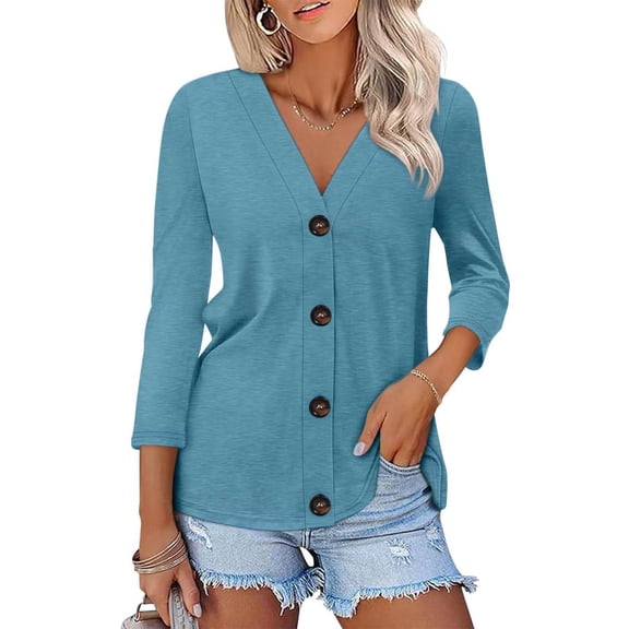 WTOBBY Women's 3/4 Sleeve Solid Color Button Down Casual Top, Fashion Shirt Blouse with Comfort Fit, Lightweight Fabric for Spring Summer Transition,Sky Blue L
