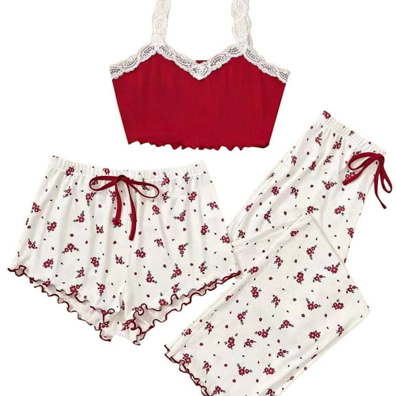WTOBBY Women's 3-Piece Pajama Set Love Print Strappy Camisole & Shorts with Matching Headband Sweet Sleepwear Comfy Loungewear Home Outfit,Deep Red M