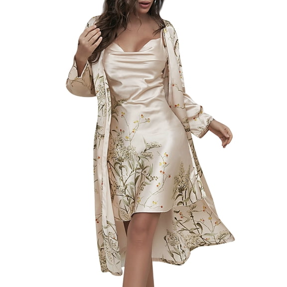 WTOBBY Women's 4-Season Loungewear Set Tie-Waist Sleep Gown & Robe Two-Piece Lightweight Pajama Set Home Wear Cover Up Outfit,Champagne L