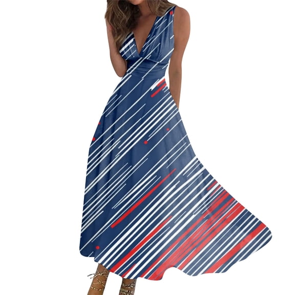 WTOBBY Women's 4th of July Independence DayThemed Summer Casual Dress V-Neck Sleeveless Ruffled Waist Swing Dress for Outdoor Festivities and BBQs,Dark BlueS