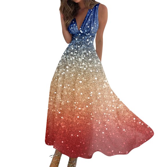 WTOBBY Women's 4th of July Independence DayThemed Summer Casual Dress V-Neck Sleeveless Ruffled Waist Swing Dress for Outdoor Festivities and BBQs,RedM