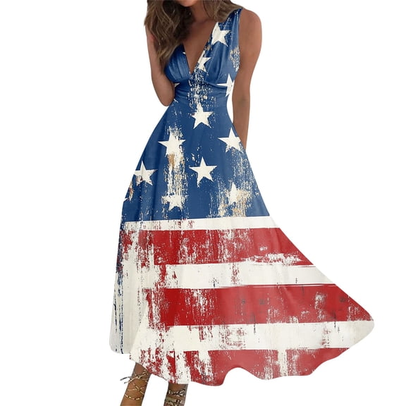 WTOBBY Women's 4th of July Independence DayThemed Summer Casual Dress V-Neck Sleeveless Ruffled Waist Swing Dress for Outdoor Festivities and BBQs,Royal BlueXL