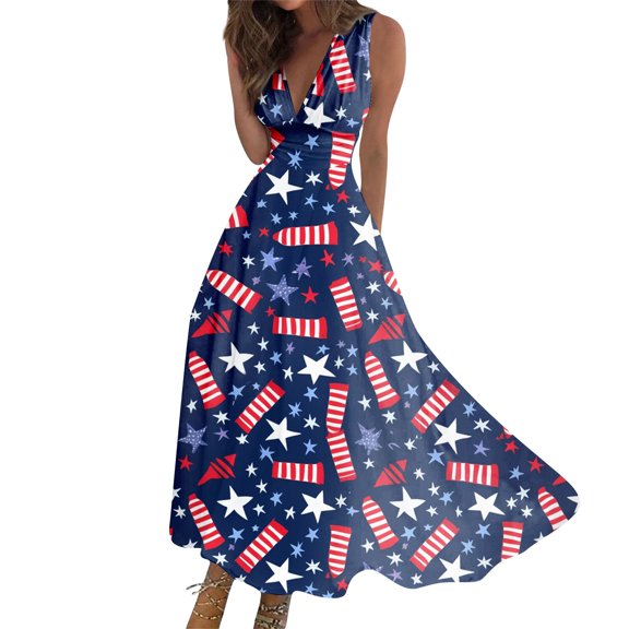 WTOBBY Women's 4th of July Print Ruffled V-Neck Sleeveless Casual Summer Maxi Dress with Elastic Waist for Date Nights and Fireworks Viewing,Navy2XL