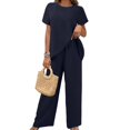 thumbnail image 1 of WTOBBY Women's Asymmetrical Casual Two-Piece Set, Loose Short Sleeve Round Neck Top & Irregular Hem Pants, Unique Street Style,Dark Blue L, 1 of 5