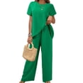 thumbnail image 1 of WTOBBY Women's Asymmetrical Casual Two-Piece Set, Loose Short Sleeve Round Neck Top & Irregular Hem Pants, Unique Street Style,Green L, 1 of 5