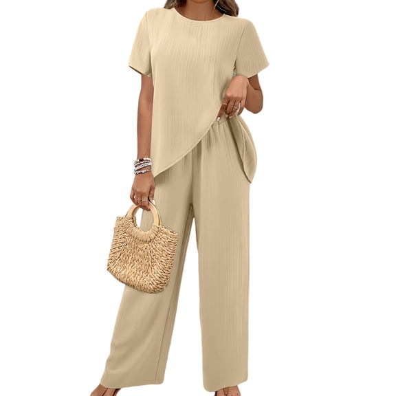 WTOBBY Women's Asymmetrical Casual Two-Piece Set, Loose Short Sleeve Round Neck Top & Irregular Hem Pants, Unique Street Style,Khaki XL