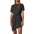 thumbnail image 1 of WTOBBY Women's Asymmetrical Hem Bow Belt Short Sleeve Round Neck Casual Elegant Party Dress,Dark Gray S, 1 of 4