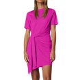 thumbnail image 1 of WTOBBY Women's Asymmetrical Hem Bow Belt Short Sleeve Round Neck Casual Elegant Party Dress,Hot Pink S, 1 of 3
