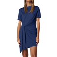 thumbnail image 1 of WTOBBY Women's Asymmetrical Hem Bow Belt Short Sleeve Round Neck Casual Elegant Party Dress,Navy 2XL, 1 of 4
