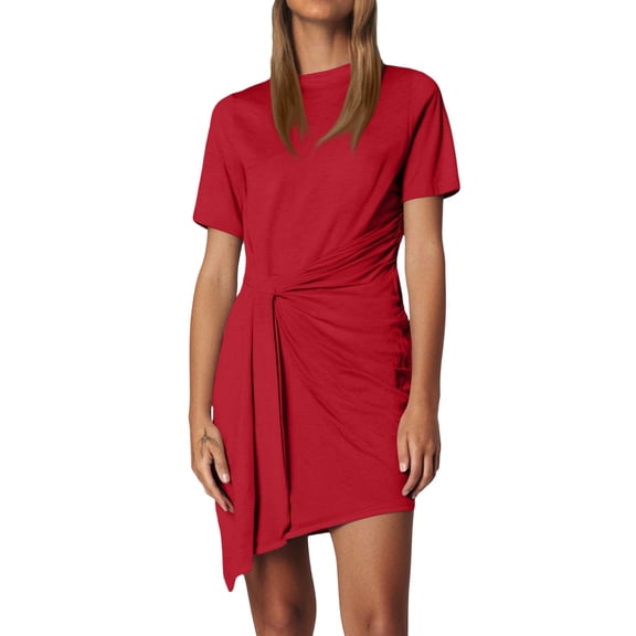 WTOBBY Women's Asymmetrical Hem Bow Belt Short Sleeve Round Neck Casual Elegant Party Dress,Red 2XL