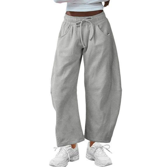 WTOBBY Women's Barrel Leg Sweatpant Drawstring Elastic Waist Wide Leg Casual Cotton Palazzo Trousers with Pockets,Gray L