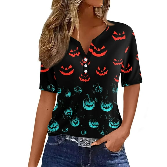 WTOBBY Women's Basic Casual V-Neck Halloween Printed Short Sleeve Button Front Tunic Top for Daily Wear,Tee Shirt with Relaxed Fit, Ideal for Everyday Outings,Cyan 2XL