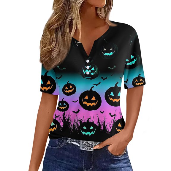 WTOBBY Women's Basic Casual V-Neck Halloween Printed Short Sleeve Button Front Tunic Top for Daily Wear,Tee Shirt with Relaxed Fit, Ideal for Everyday Outings,Light Purple 2XL