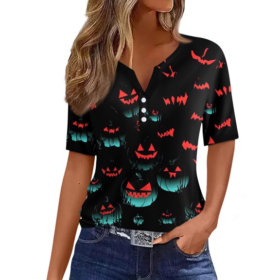WTOBBY Women's Basic Casual V-Neck Halloween Printed Short Sleeve Button Front Tunic Top for Daily Wear,Tee Shirt with Relaxed Fit, Ideal for Everyday Outings,Red M