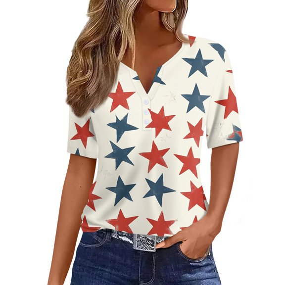 WTOBBY Women's Basic V-Neck Independence Day Print Button Short Sleeve T-Shirt Tee Top for Daily Fashion Weekend Casual Wear Lightweight and Versatile Summer Essential,Beige S