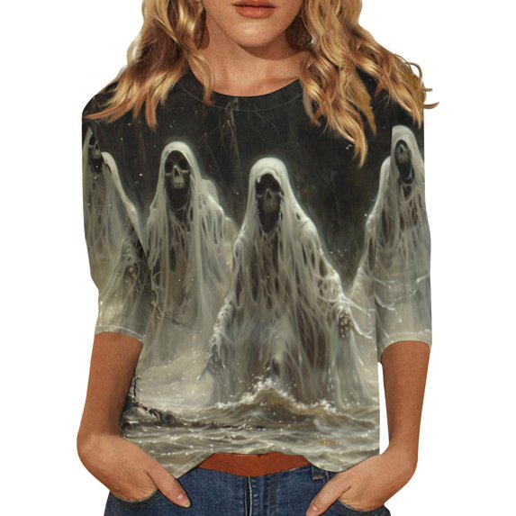 WTOBBY Women's Bat Element Print Round Neck 3/4 Sleeve Casual Top Halloween Themed Blouse for Fall Fashion and Seasonal Holiday Parties,Dark Gray M
