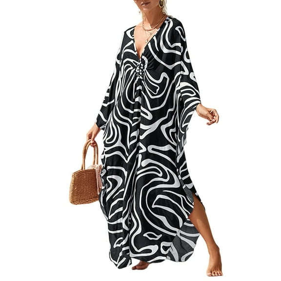 WTOBBY Women's Beach Cover-Up Swimsuit Bikini Outerwear Flowy Long Sleeve Dress Swimsuit Cape Jacket for Summer Poolside Resort Wear,Dark Gray One Size