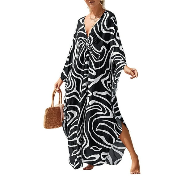 WTOBBY Women's Beach Cover-Up Swimsuit Bikini Outerwear Flowy Long Sleeve Dress Swimsuit Cape Jacket for Summer Poolside Resort Wear,Dark Gray One Size