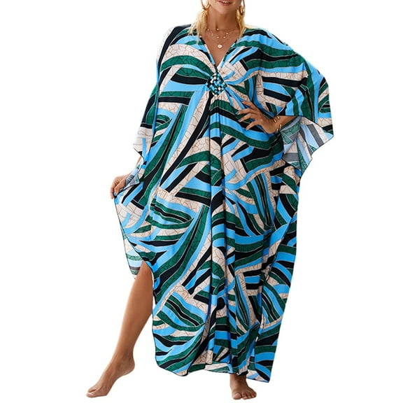 WTOBBY Women's Beach Cover-Up Swimsuit Bikini Outerwear Flowy Long Sleeve Dress Swimsuit Cape Jacket for Summer Poolside Resort Wear,Blue One Size