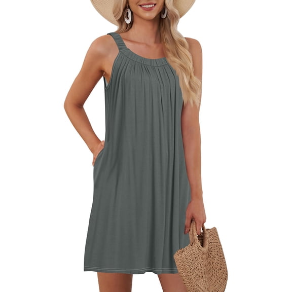 WTOBBY Women's Beach Vest Casual Summer Sleeveless Dress with Pocket Straps Solid Color for Swim Cover-Up and Lightweight Wear,Gray S