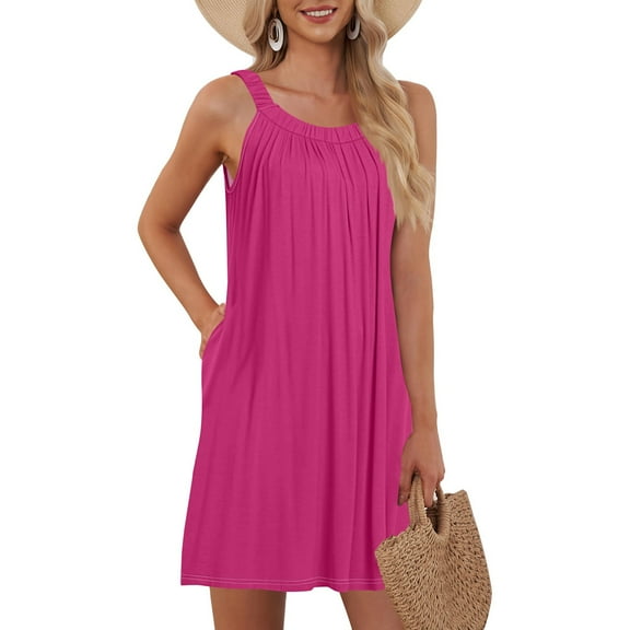 WTOBBY Women's Beach Vest Casual Summer Sleeveless Dress with Pocket Straps Solid Color for Swim Cover-Up and Lightweight Wear,Hot Pink S