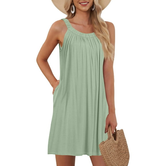 WTOBBY Women's Beach Vest Casual Summer Sleeveless Dress with Pocket Straps Solid Color for Swim Cover-Up and Lightweight Wear,Mint Green 2XL