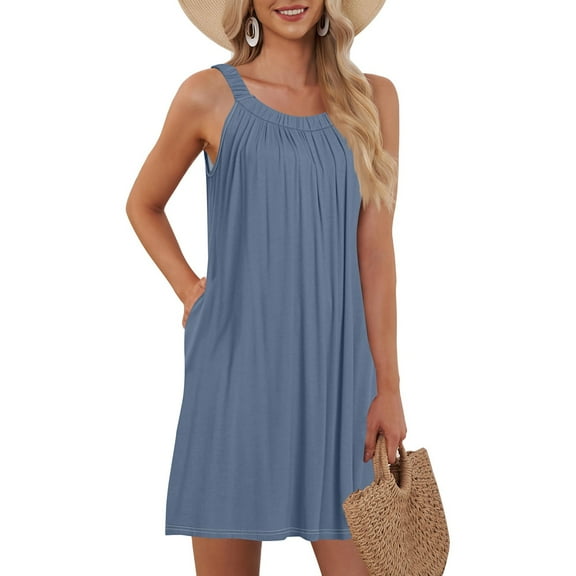 WTOBBY Women's Beach Vest Casual Summer Sleeveless Dress with Pocket Straps Solid Color for Swim Cover-Up and Lightweight Wear,Royal Blue S