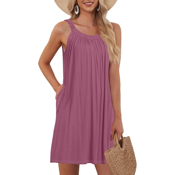 WTOBBY Women's Beach Vest Casual Summer Sleeveless Dress with Pocket Straps Solid Color for Swim Cover-Up and Lightweight Wear,Watermelon Red 2XL